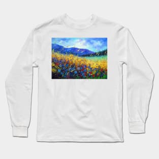 Blooming field near the mountains Long Sleeve T-Shirt